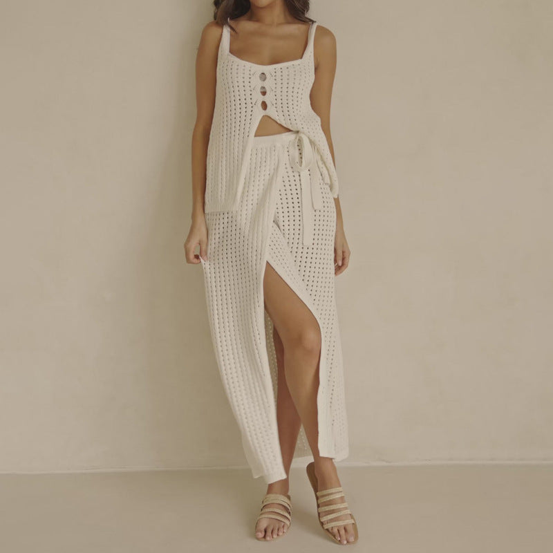 Women’s Two-Piece Beachwear Set – Soft Knit – Cropped Tank Top – Slit Maxi Skirt
