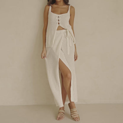 Women’s Two-Piece Beachwear Set – Soft Knit – Cropped Tank Top – Slit Maxi Skirt