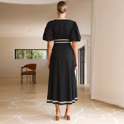 Women’s Long Dress – V-Neck – Fitted Waist – Lace Trim – Puff Sleeve – Flowy Skirt