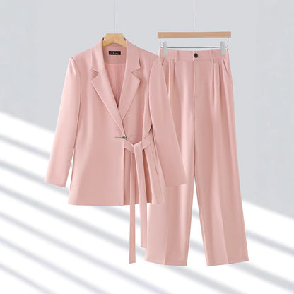 Women’s Blazer Trousers Set – Tailored Fit – Belted Waist – Wide-Leg Pleated Pants
