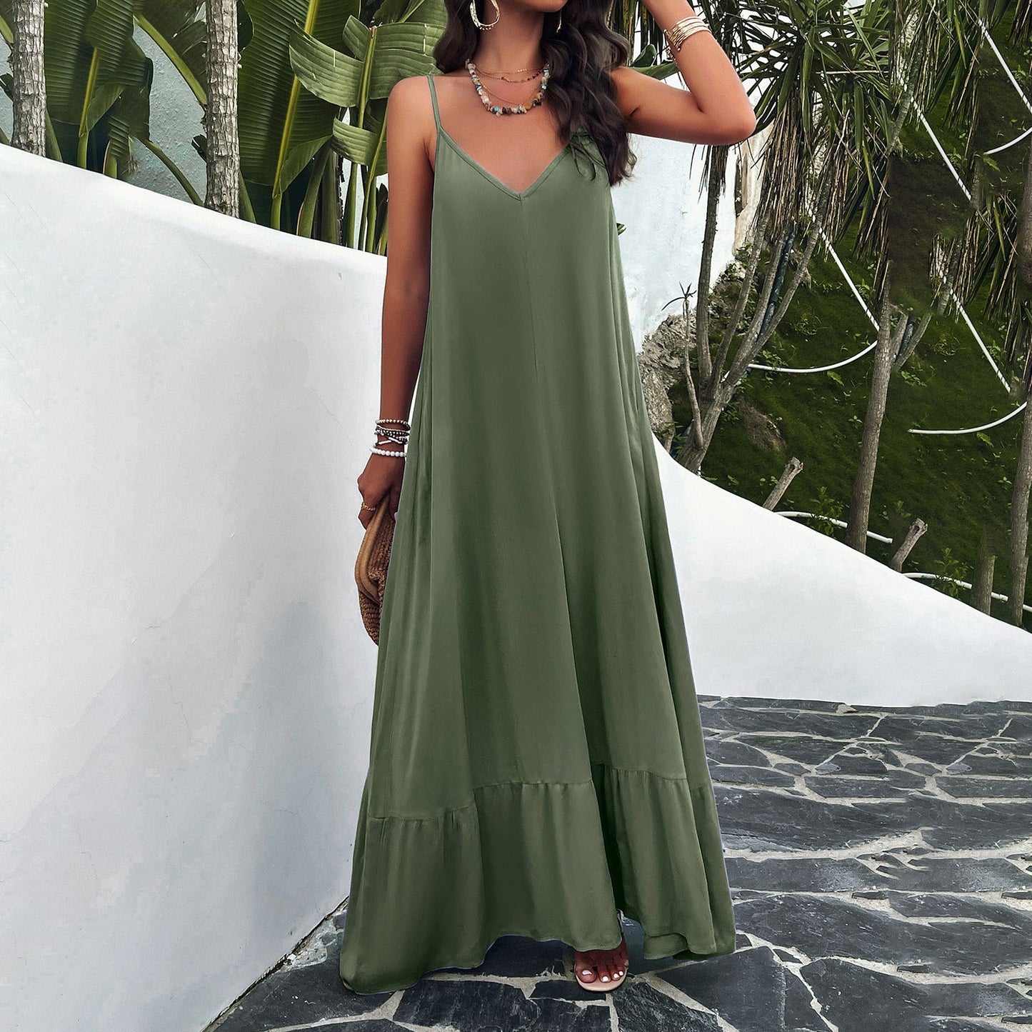Women’s Maxi Dress – A-Line Fit – V-Neck – Spaghetti Straps – Lace Detail – Cotton Blend