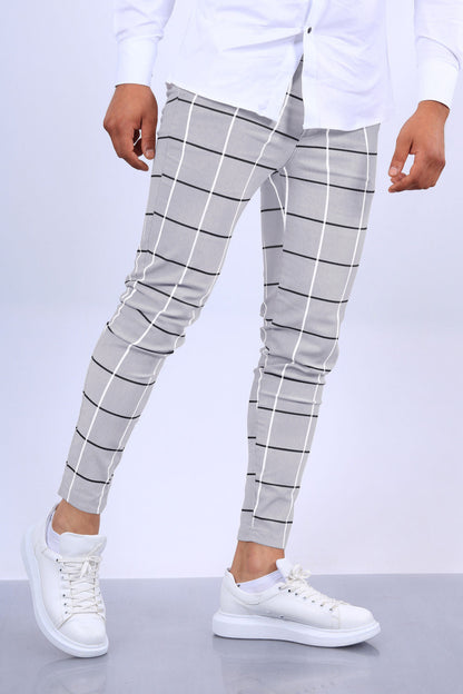 Men’s Slim Fit Pants - Cotton - Ankle Length - Windowpane Plaid Pattern