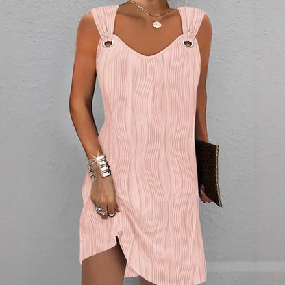 Women’s Mini Dress – Slim Fit – Soft Knit – Wave Pattern – V-Neck – Metal Strap Rings