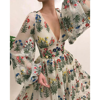 Women’s Maxi Dress - Sheer Fabric - Flowing Silhouette - V-Neck - Embroidered Floral
