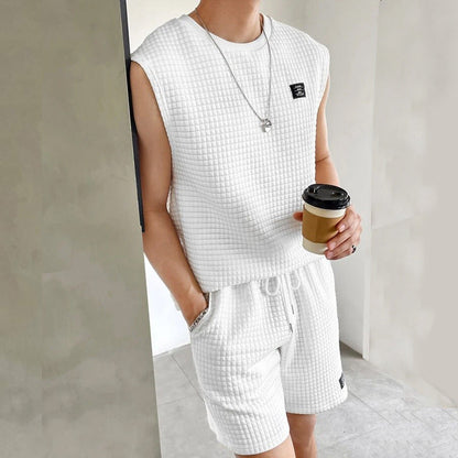 Men’s Sleeveless Lounge Set – Soft Waffle Knit – Relaxed Fit – Drawstring Shorts