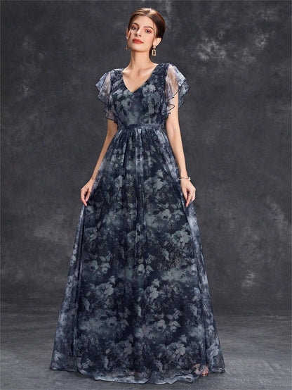 Women’s Maxi Dress – Flowing Fit – Sheer Fabric – V-Neck – Floral Ruffle Sleeves