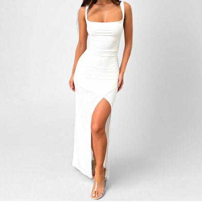 Women’s Maxi Dress – Slim Fit – Stretch Fabric – Spaghetti Straps – High Slit – Open Back