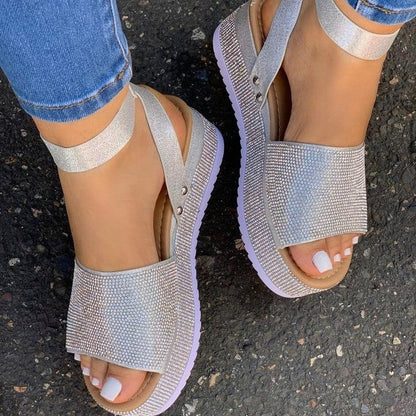 Women’s Platform Sandals – Chunky Sole – Rhinestone Strap – Buckle Closure