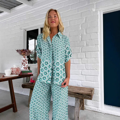 Women’s Shirt and Pants Set – Cotton Blend – Relaxed Fit – Geometric Print – Short Sleeve