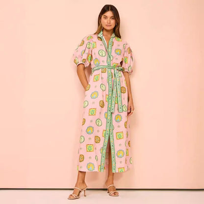 Women’s Midi Dress – Relaxed Fit – Lantern Sleeve – Button Down – Tie Waist – Graffiti Print