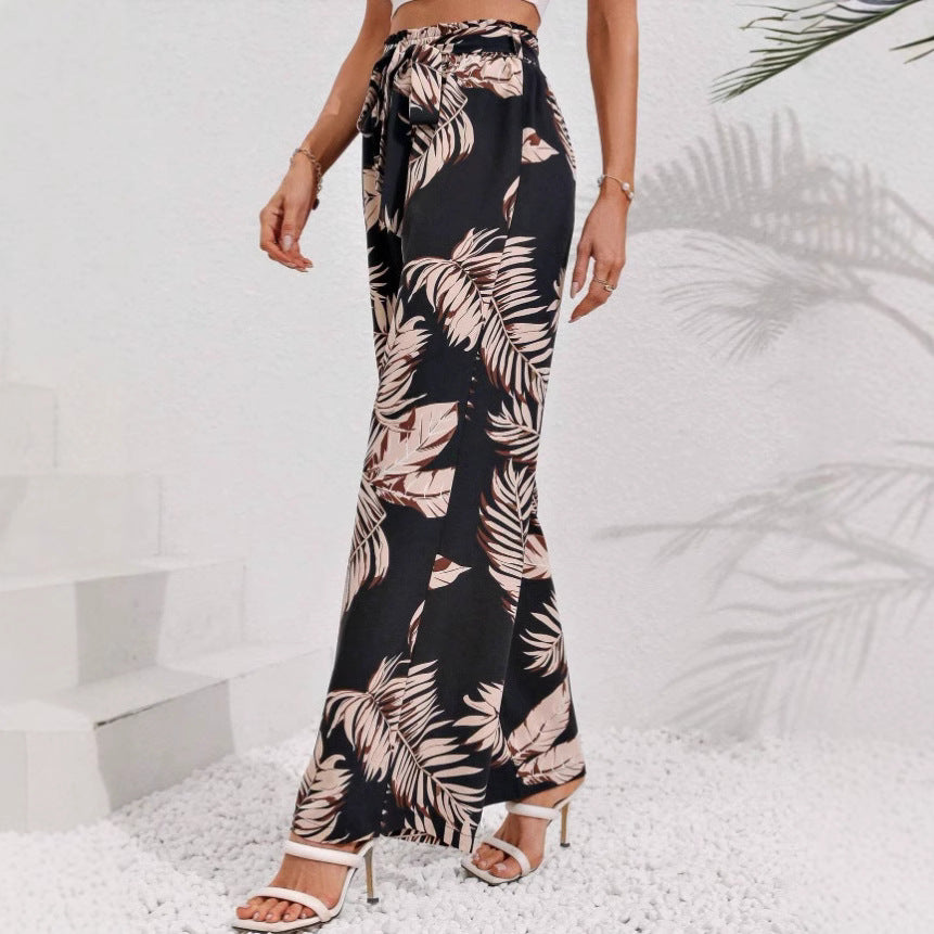Women’s Wide-Leg Pants – Bohemian Print – High Waist – Tie Belt – Lightweight Cotton