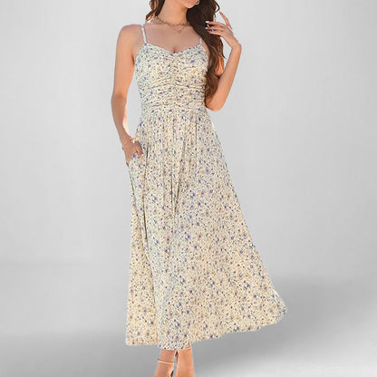 Women’s Sundress – A-Line Fit – Shirred Bodice – Floral Print – Spaghetti Straps – Midi Length – Pockets