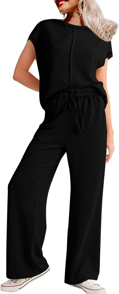 Women’s Short Sleeve Top and Wide-Leg Pants Set - Ribbed Knit - Relaxed Fit