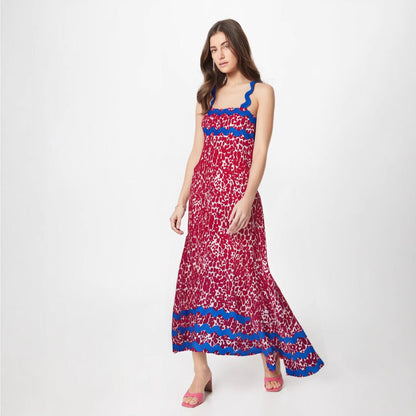 Women’s Long Dress – Floral Print – Flowing A-Line Fit – Strappy with Wavy Trim
