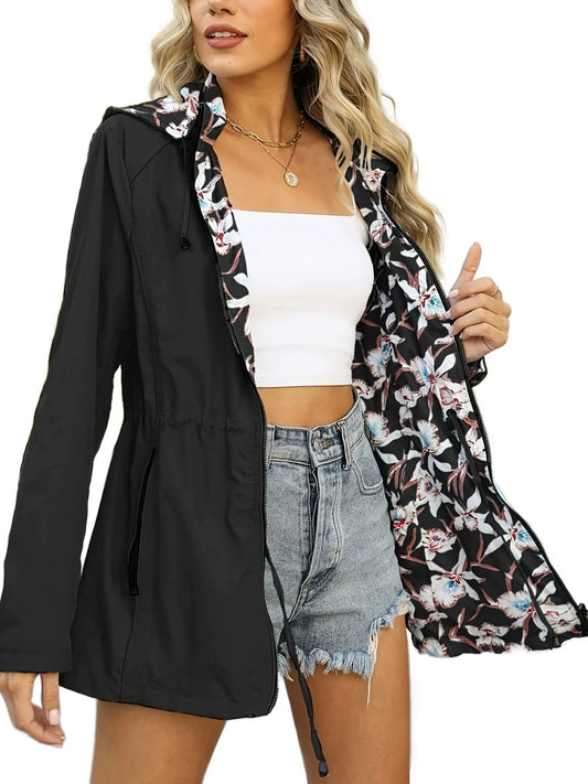 Women’s Windbreaker Jacket – Slim Fit – Waterproof – Hooded – Zip Front – Drawstring Waist