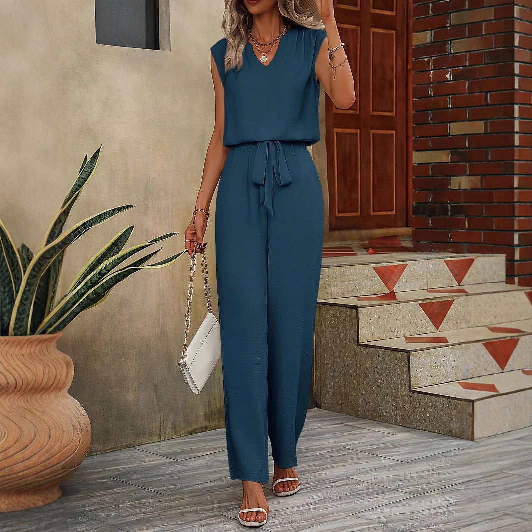 Women’s Top and Trousers Set – Relaxed Fit – V-Neck – Wide Leg – Breathable Blend