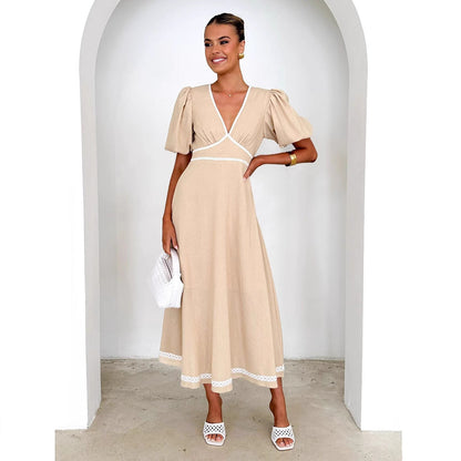 Women’s Long Dress – V-Neck Lace Trim – Puff Sleeve – Fitted Waist – Flowy Skirt