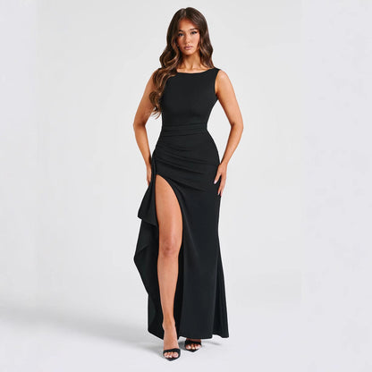Women’s Evening Dress – Slim Fit – Satin Finish – High Slit – Open Back – Full Length