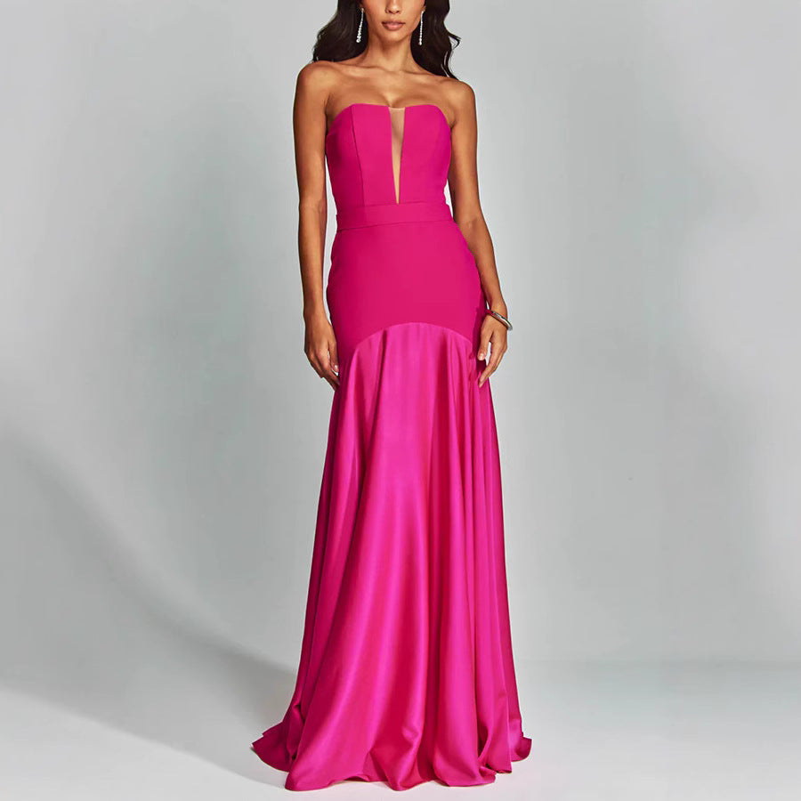 Women’s Strapless Gown – Satin Finish – Slim Fit – Plunging Neckline – Floor Length