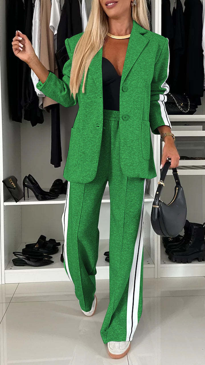 Women’s Blazer and Trouser Set – Relaxed Fit – Cotton Blend – Side Stripe Pants