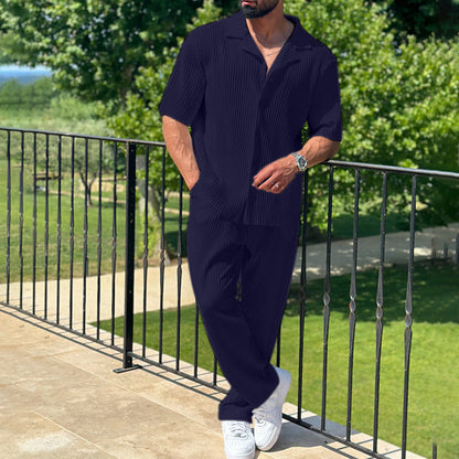 Men’s Athleisure Set – Relaxed Fit – Breathable Blend – Stripe Shirt & Long Pants