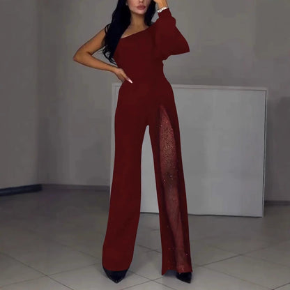 Women’s Jumpsuit – Slim Fit – Asymmetrical Neckline – Sequin Leg Panel – Full Length