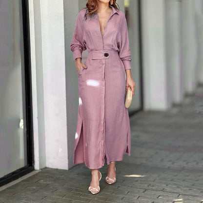 Women’s Shirt Dress – Tailored Fit – V-Neck – Linen – Asymmetrical Hem – Long Sleeve