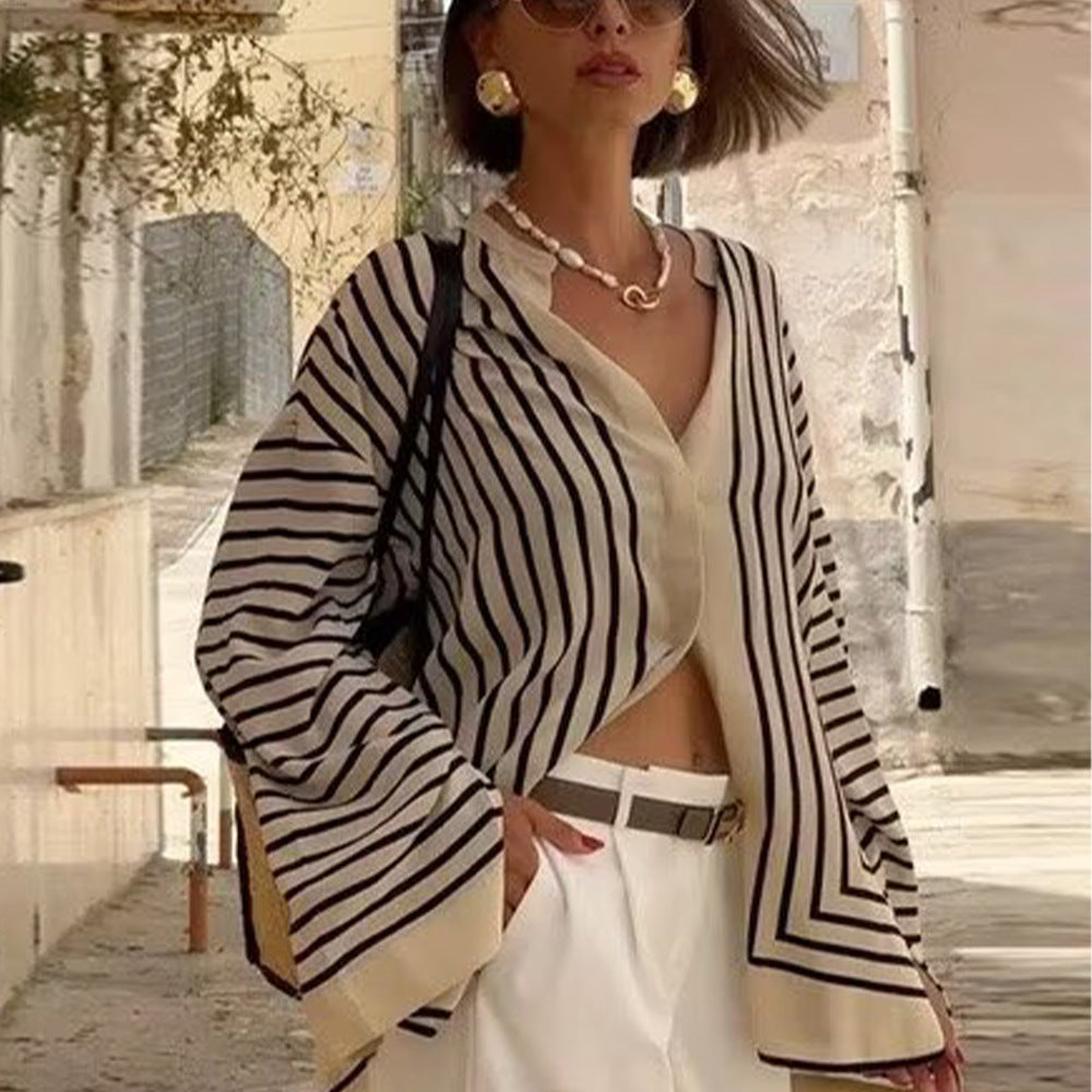 Women’s Long-Sleeve Shirt – Oversized Fit – Lightweight Cotton Blend – Striped Button-Up