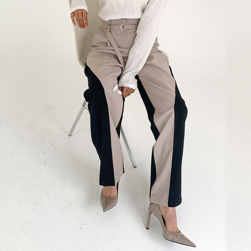 Women’s Wide-Leg Trousers – High Waist – Belted with Ring – Color Block – Full Length