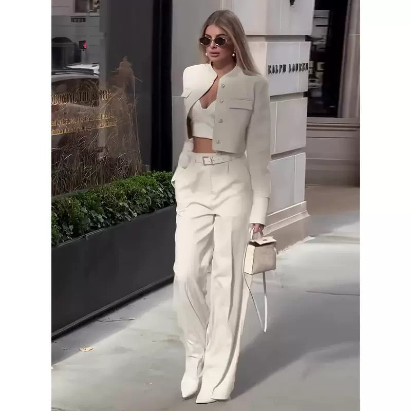 Women’s Suit Set – Cropped Tailored Jacket – High-Waisted – Wide-Leg Trousers – Belted