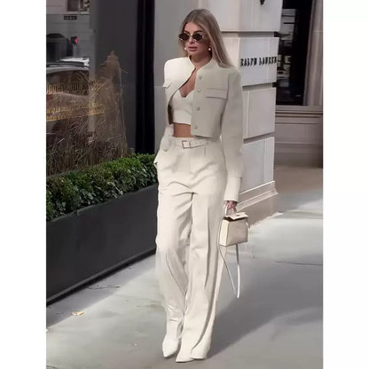 Women’s Suit Set – Cropped Tailored Jacket – High-Waisted – Wide-Leg Trousers – Belted