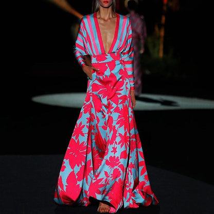 Women’s Maxi Dress - Silk Satin - Relaxed Flowing Fit - Deep V-Neck - Pockets