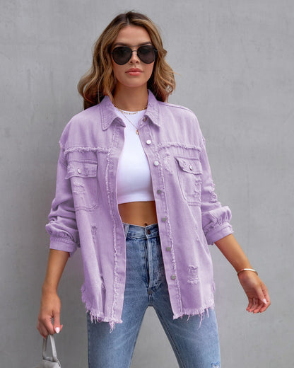 Women’s Denim Jacket – Oversized Fit – Distressed Frayed – Mid Length Casual Layer