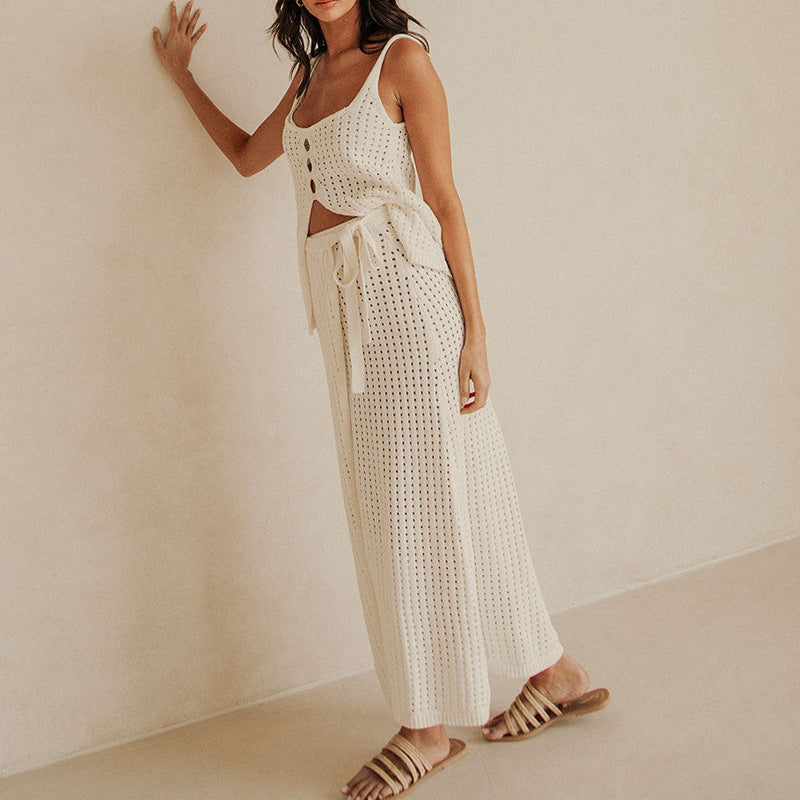 Women’s Two-Piece Beachwear Set – Soft Knit – Cropped Tank Top – Slit Maxi Skirt