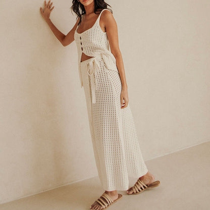 Women’s Two-Piece Beachwear Set – Soft Knit – Cropped Tank Top – Slit Maxi Skirt
