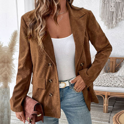 Women’s Blazer – Corduroy Textured – Tailored Fit – Double-Breasted – Notch Lapel