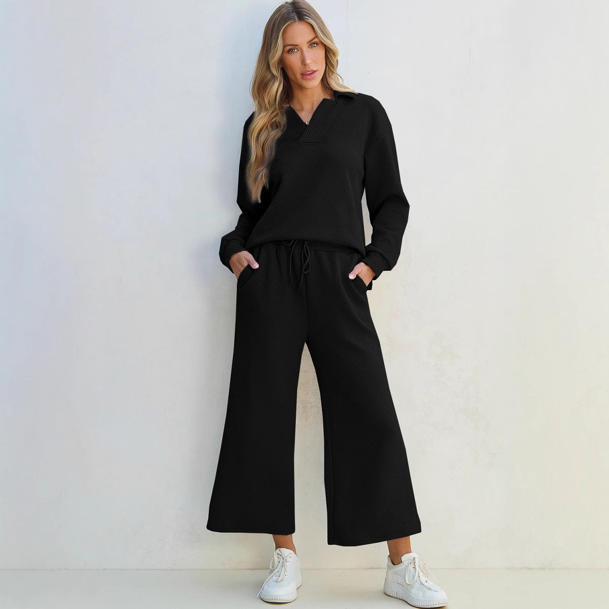 Women’s Lounge Set – Knit Two-Piece – Relaxed Fit – V-Neck Top – Wide-Leg Pants