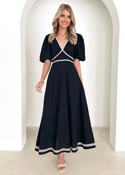 Women’s Long Dress – V-Neck Lace Trim – Puff Sleeve – Fitted Waist – Flowy Skirt