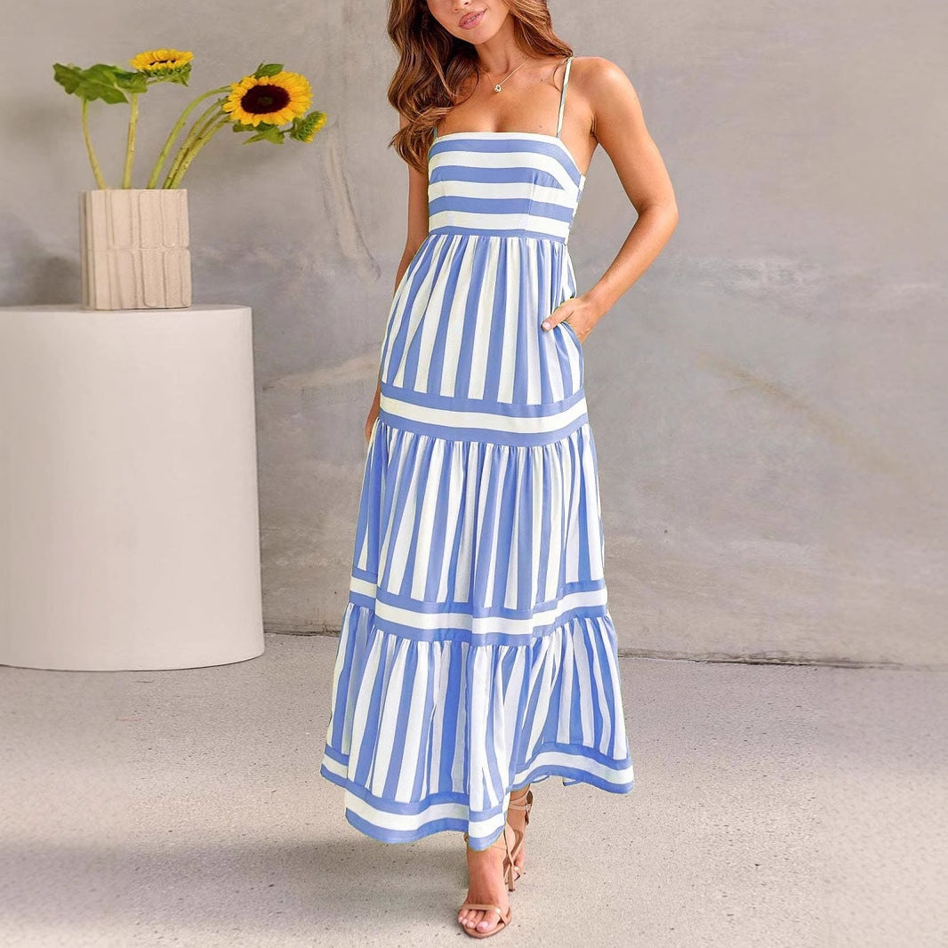 Women’s Sundress – Lightweight Cotton – A-Line Fit – Tiered Striped Spaghetti Straps