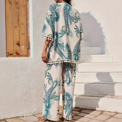 Women’s Kimono Cardigan – Relaxed Fit – Paisley Print – Tassel Hem – Breathable Blend