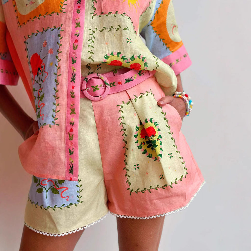 Women’s Linen Shirt and Shorts Set – Relaxed Fit – Embroidered – High-Waist Belted
