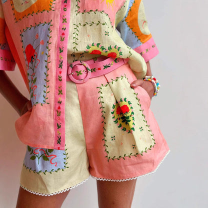 Women’s Linen Shirt and Shorts Set – Relaxed Fit – Embroidered – High-Waist Belted