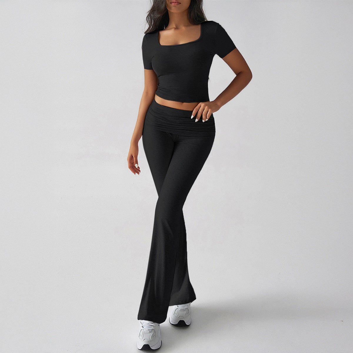 Women’s Two-Piece Set – Slim Fit Crop Top & Flared Pants – Stretch Breathable Fabric