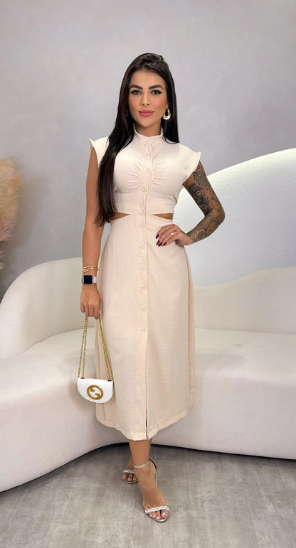 Women’s Midi Dress – Slim Fit – Sleeveless – Cut-Out Waist – Button Front – Stand Collar