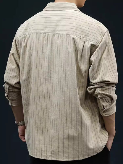Men’s Long Sleeve Shirt – Relaxed Fit – Vertical Stripes – Breathable Cotton Casual