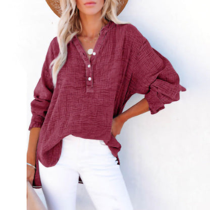 Women’s Long Sleeve Top – Relaxed Fit – Crinkled Cotton – Button Front Casual Style