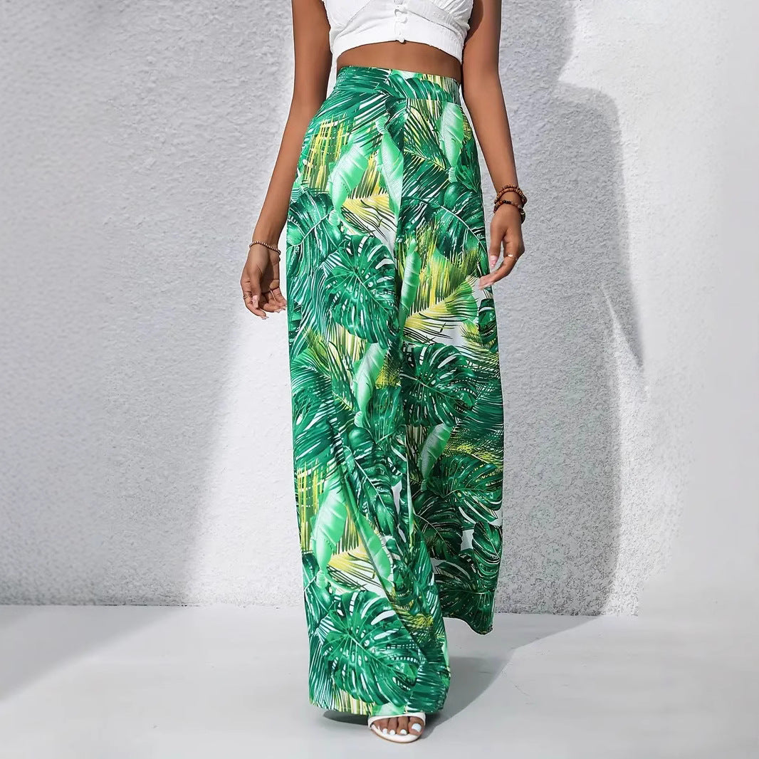 Women’s Wide-Leg Pants – High Waist – Lightweight Drape – Floral Print – Full Length
