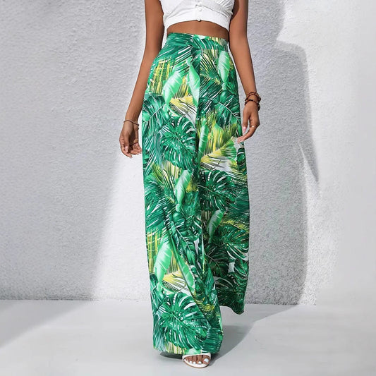 Women’s Wide-Leg Pants – High Waist – Lightweight Drape – Floral Print – Full Length
