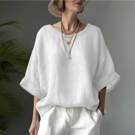 Women’s Oversized Blouse – Cotton Linen Blend – Drop Shoulder – Round Neck – Relaxed Fit