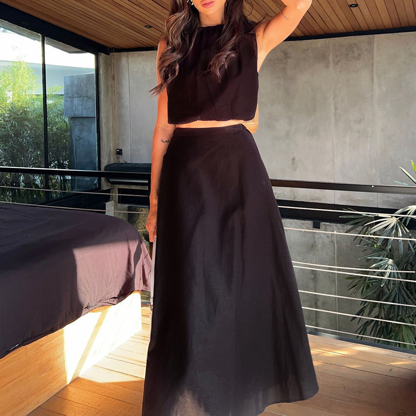 Women’s Two-Piece Set – Sleeveless Crop Top & High-Waisted Skirt – Breathable Blend